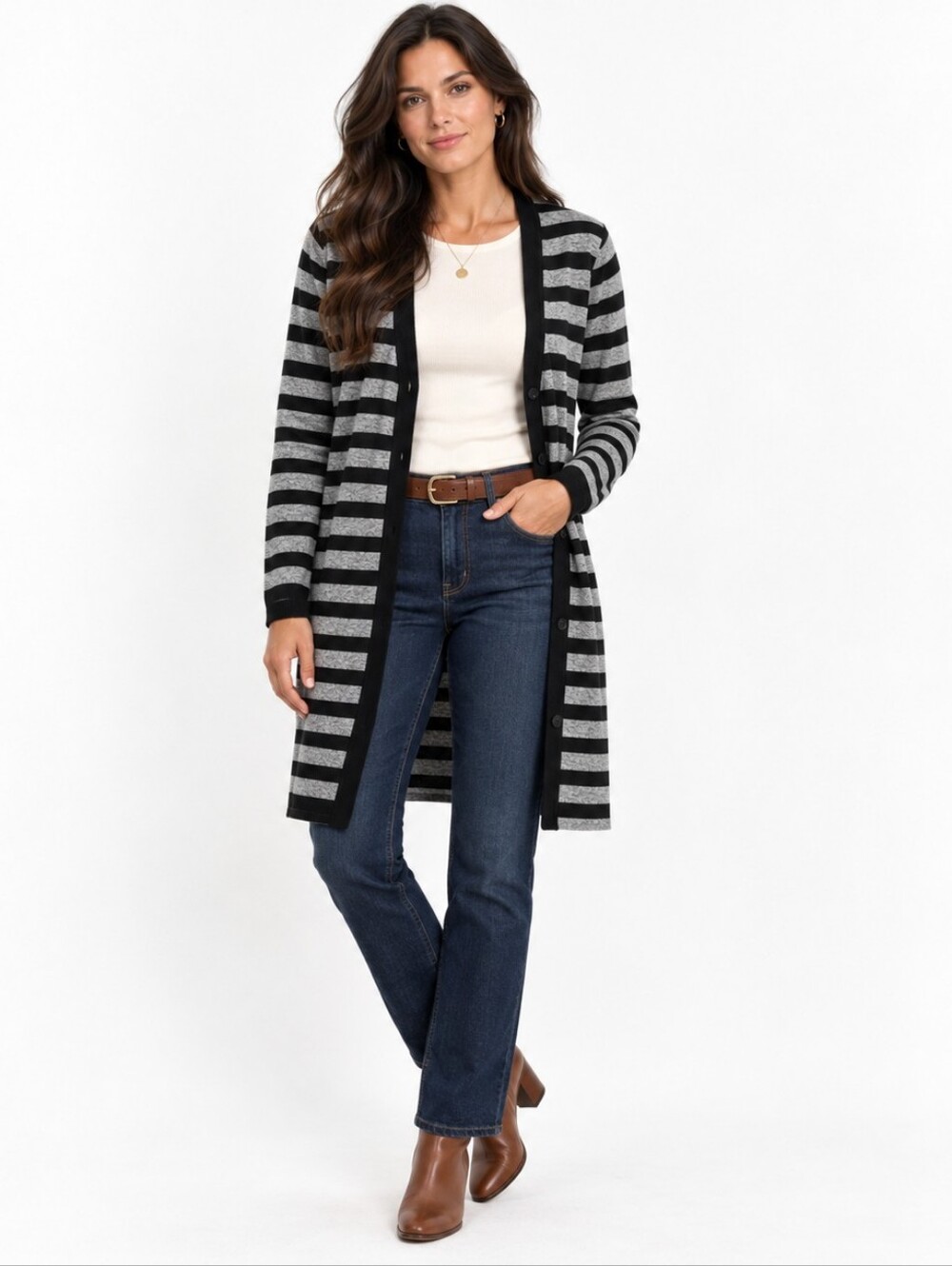 J. Jill Wearever Striped Long Cardigan Small Black Gray Lightweight Duster